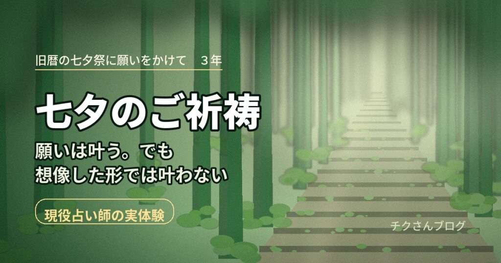 七夕のご祈祷の記事のアイキャッチ。杉木立の参道と苔むした石段が奥へ続き、奥から光が差している